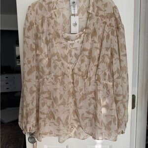 CAbi Beige and Cream Leaf Print Blouse